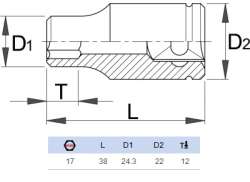 Unior 190/1 6P Socket Wrench 1/2 17mm - Silver